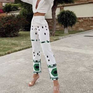 Zara white embroidered linen pants- high waisted/straight leg with pockets